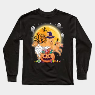 Golden Retriever Dog Mummy Witch Moon Ghosts Happy Halloween Thanksgiving Merry Christmas Day Long Sleeve T-Shirt